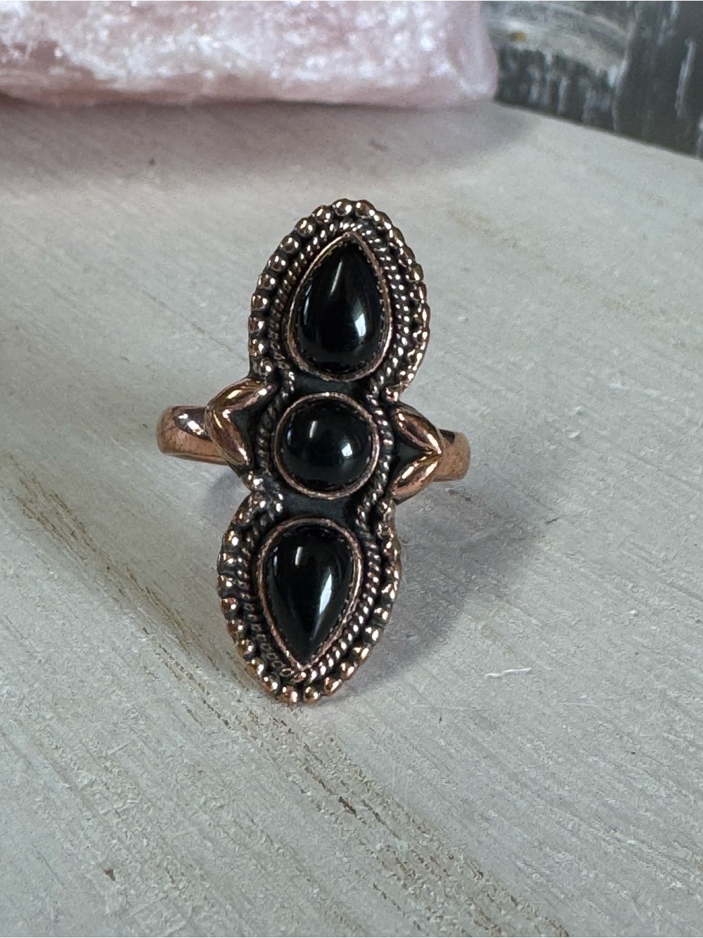 Black Onyx and Copper Triple Stone Crawler Statement Ring - Size 10